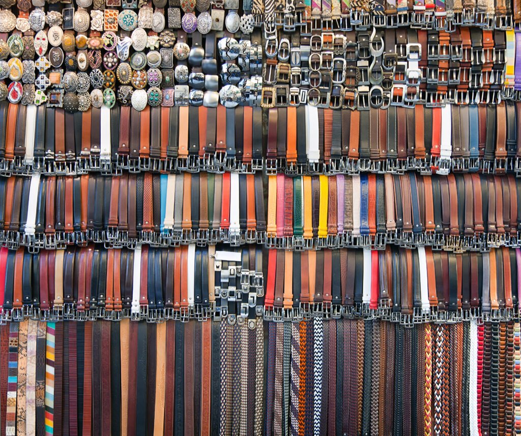 Display of leather and fabric belts and buckles